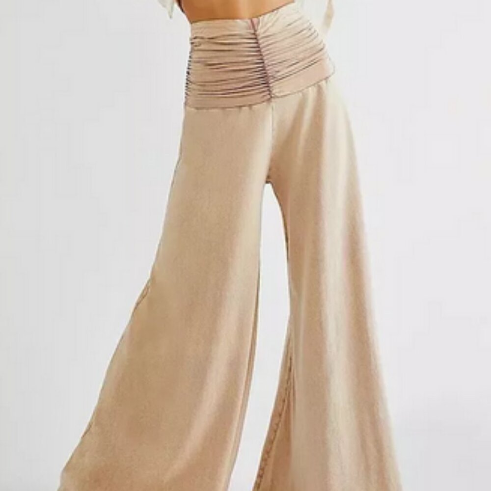 Free People Jayla Ruched Wide Leg Pants Washed Beige New XS